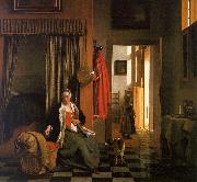 Pieter de Hooch Mother Lacing her Bodice Beside a Cradle oil on canvas